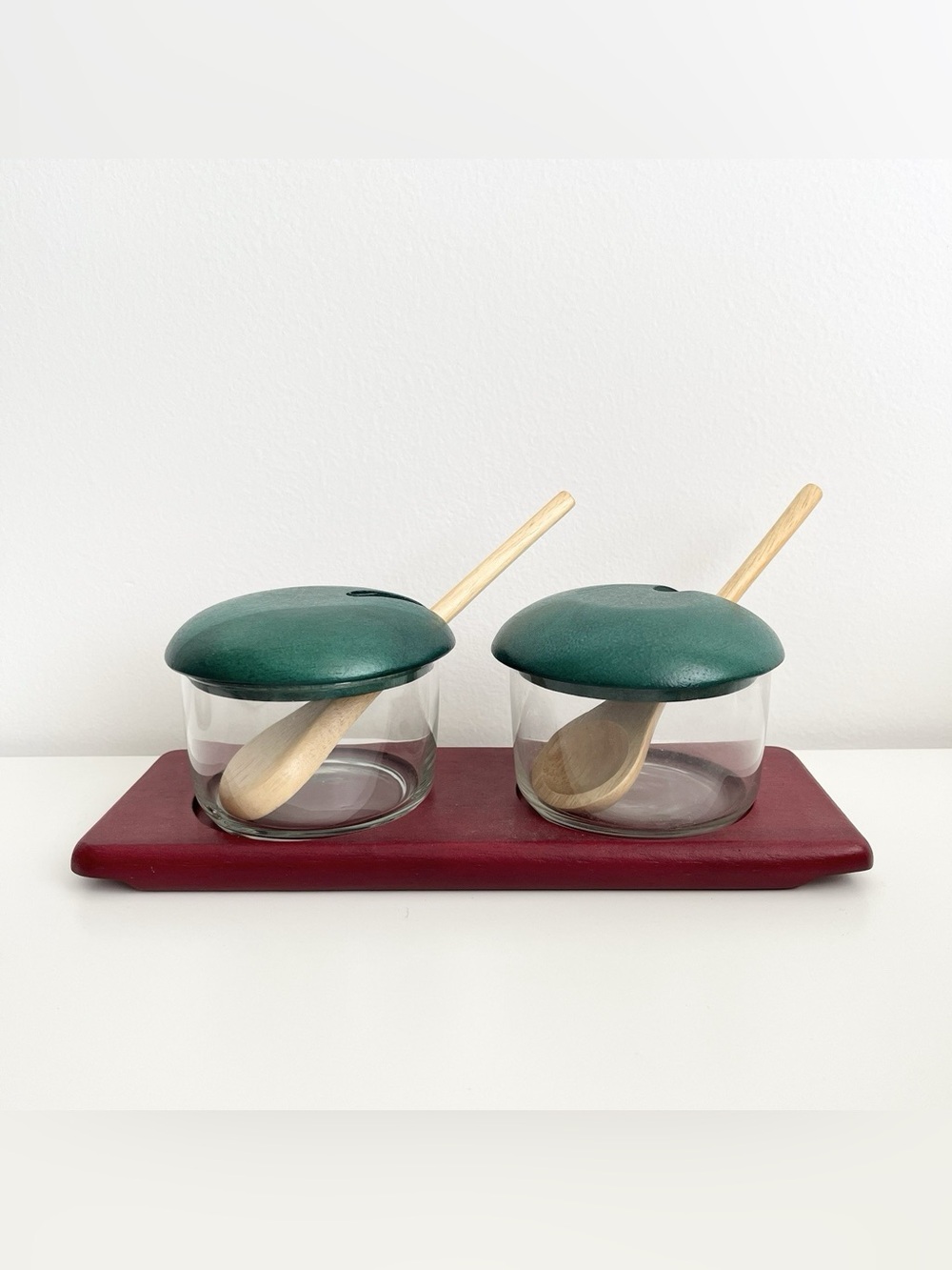 Handmade in Thailand Condiment Jam Bowls Set Rubberwood Glass Red Green MCM